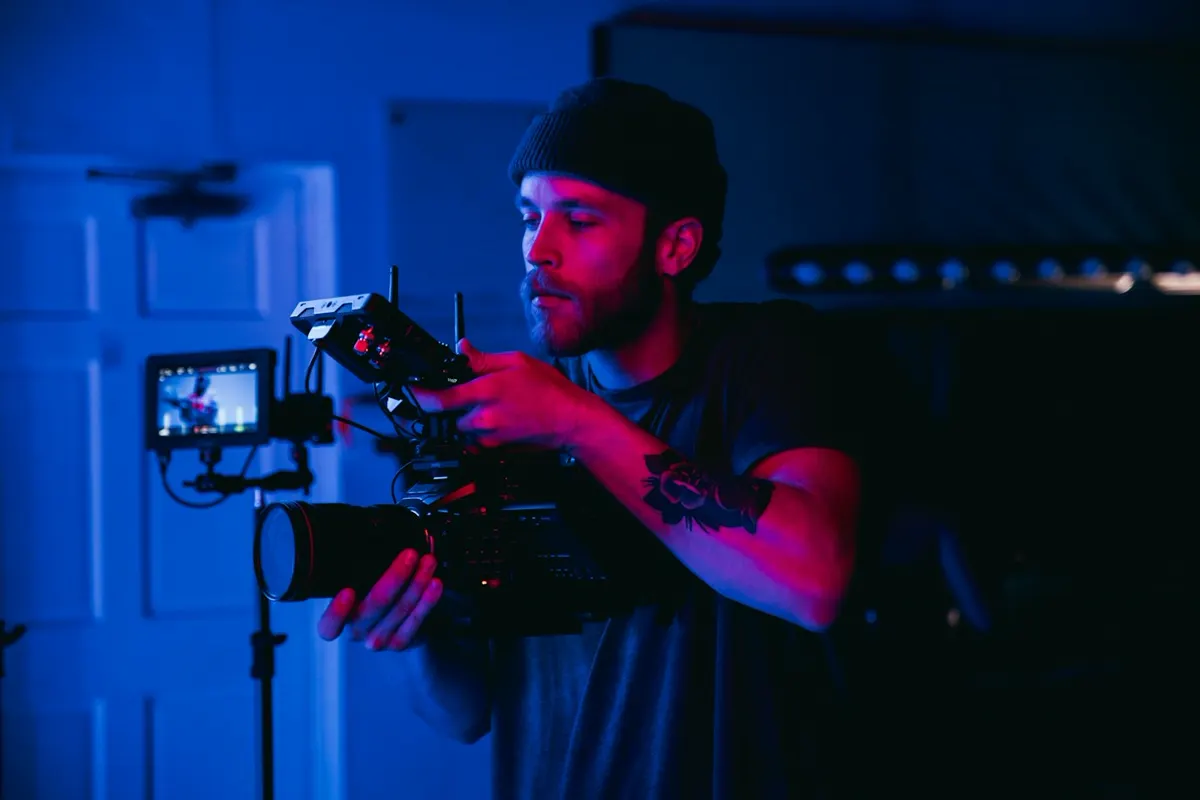 Production team filming a scene